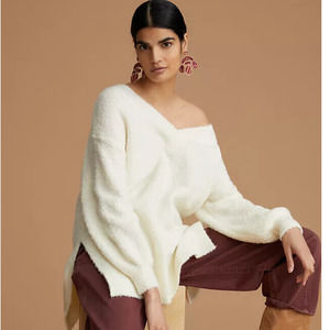 ANTHROPOLOGIE x PILCRO Teddy V-Neck Tunic Sweater White Ivory {31}